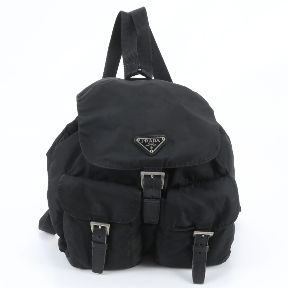 Prada Tessuto Nylon Triangle Logo Leather Backpack, Black, Women's